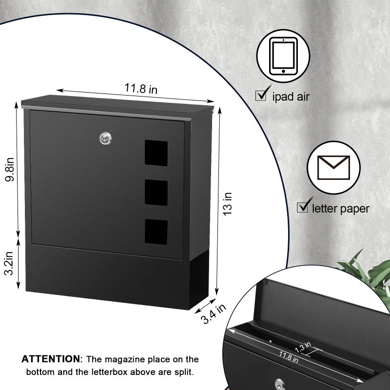 KYODOLED Locking Mailbox Wall Mount, Locked Mail Boxes, Mailbox with Key Lock for Outside, Large Capacity Drop Box for Newspapers, 13 x 3.4 x 11.8 Inch, Black - Image 2